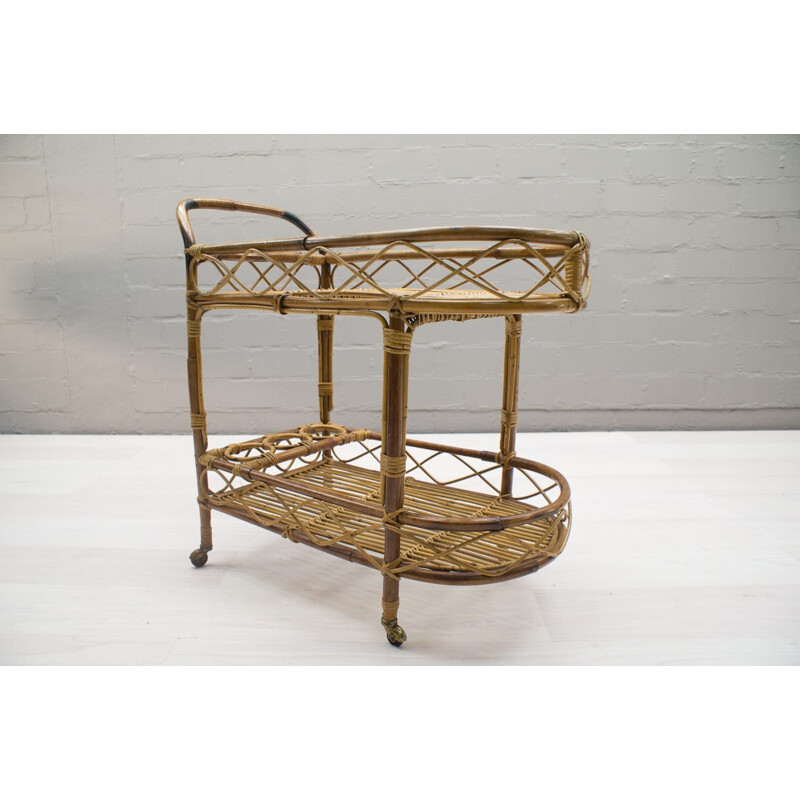 Vintage Italian rattan and bamboo trolley, 1950