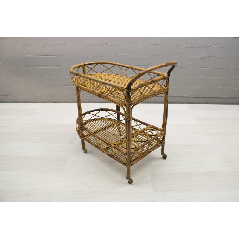 Vintage Italian rattan and bamboo trolley, 1950