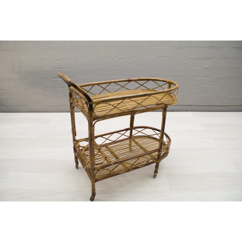 Vintage Italian rattan and bamboo trolley, 1950