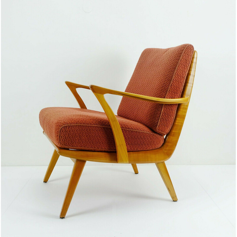 Fauteuil vintage en merisier et tissu original rouge clair,1950