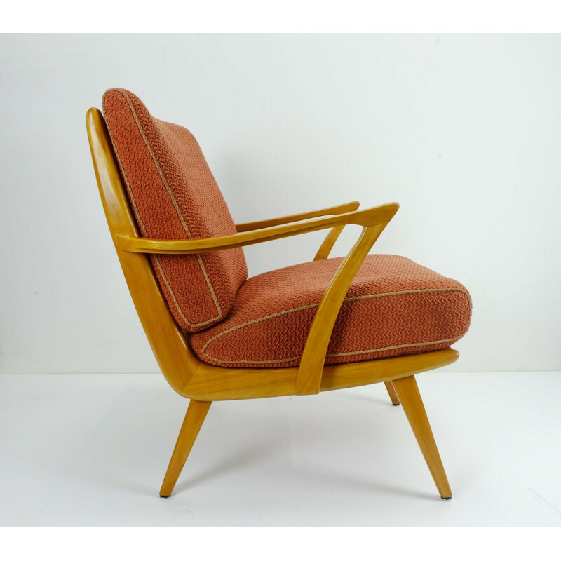 Vintage armchair in cherry wood and original light red fabric, 1950