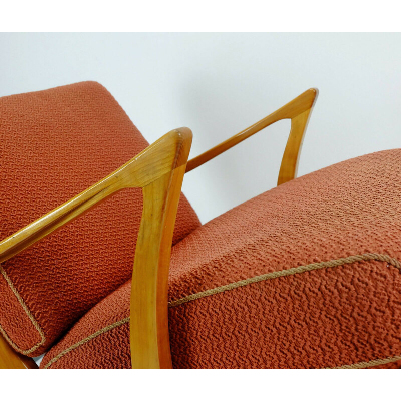 Vintage armchair in cherry wood and original light red fabric, 1950