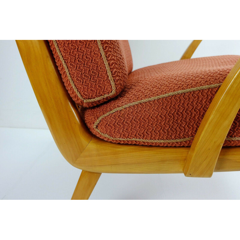 Fauteuil vintage en merisier et tissu original rouge clair,1950