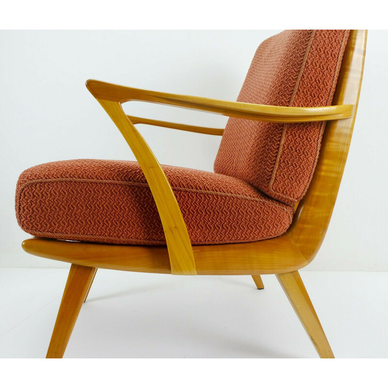 Vintage armchair in cherry wood and original light red fabric, 1950