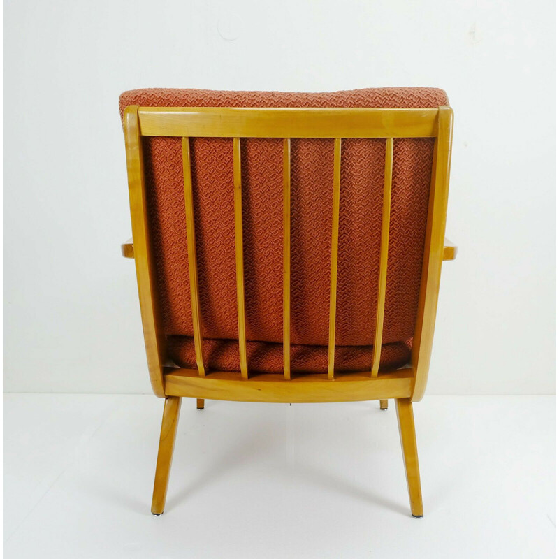 Vintage armchair in cherry wood and original light red fabric, 1950