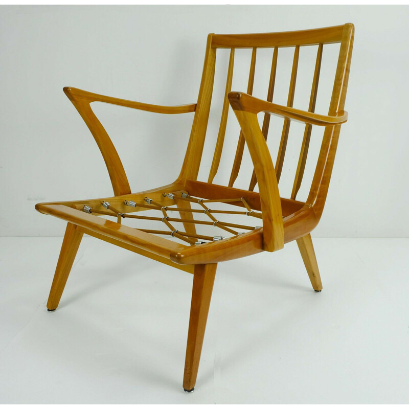 Vintage armchair in cherry wood and original light red fabric, 1950