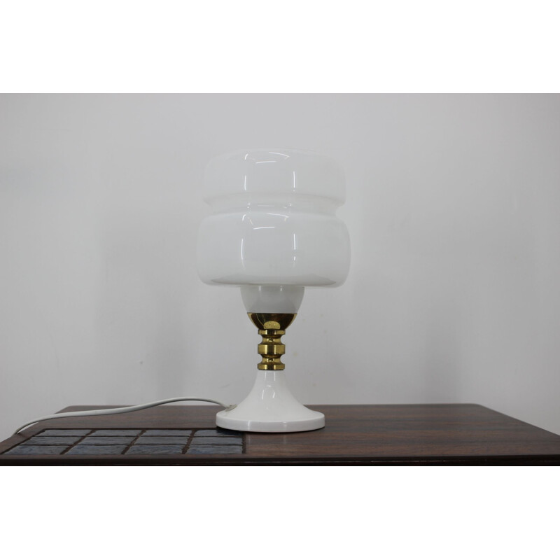 Vintage table lamp in metal, milk glass and brass, Czechoslovakia 1980