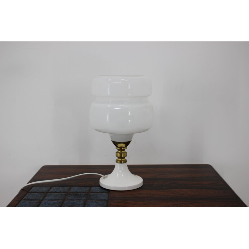 Vintage table lamp in metal, milk glass and brass, Czechoslovakia 1980