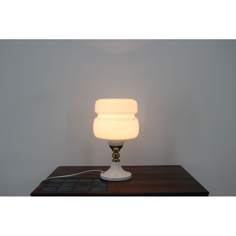 Vintage table lamp in metal, milk glass and brass, Czechoslovakia 1980