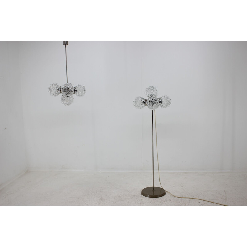 Vintage chrome steel and glass floor lamp and chandelier set, Czechoslovakia 1970