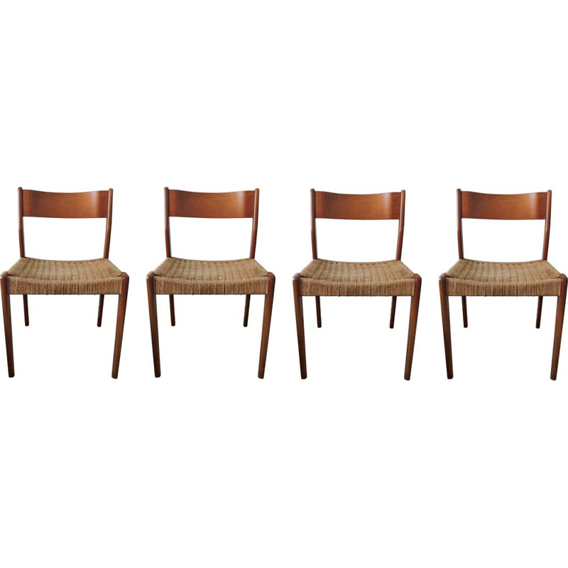 Ensemble vintage de 4 chaises de corde en teck et papier 1960
