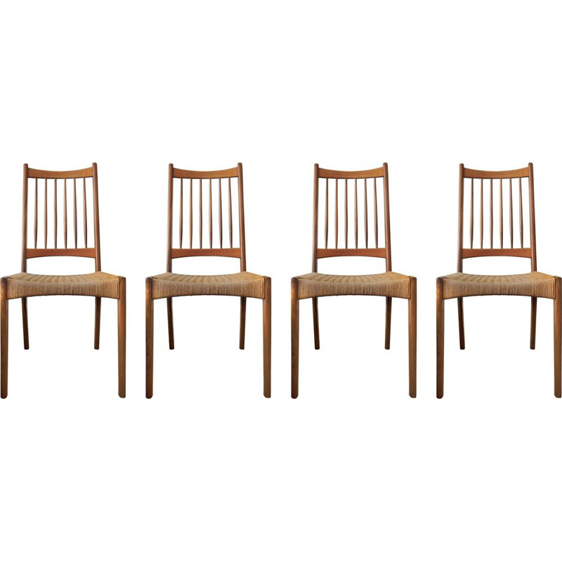 Ensemble vintage de 4 chaises de salle à manger en corde de teck et de papier