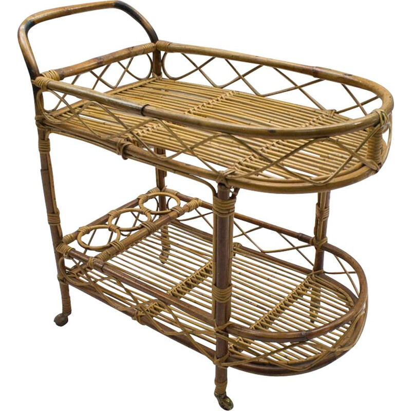 Vintage Italian rattan and bamboo trolley, 1950