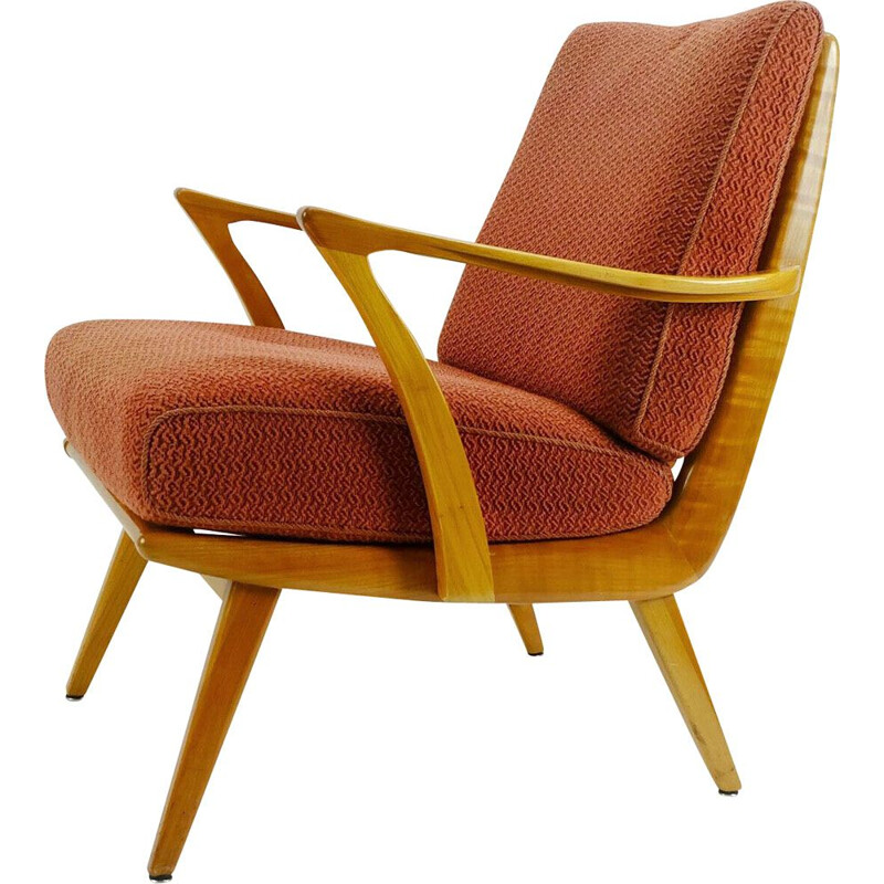 Vintage armchair in cherry wood and original light red fabric, 1950