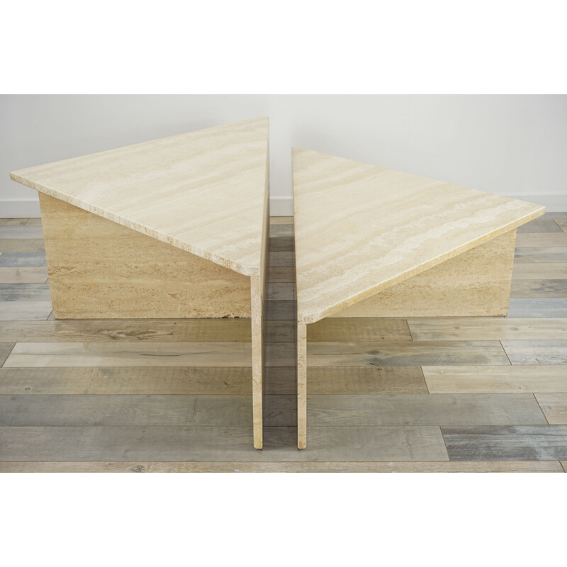 Pair of triangular travertine coffee tables
