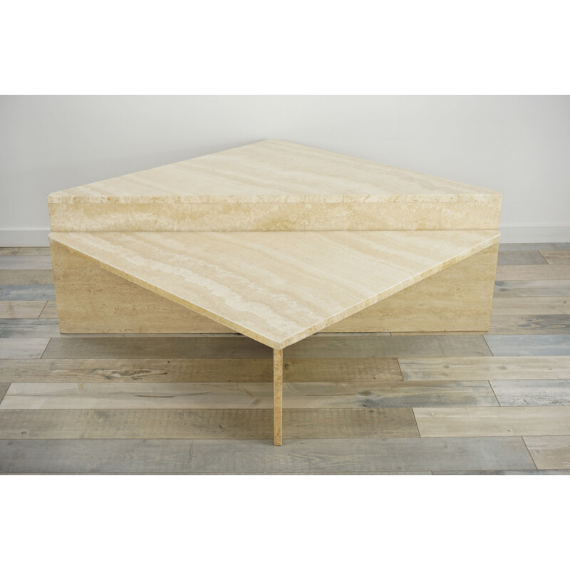 Pair of triangular travertine coffee tables