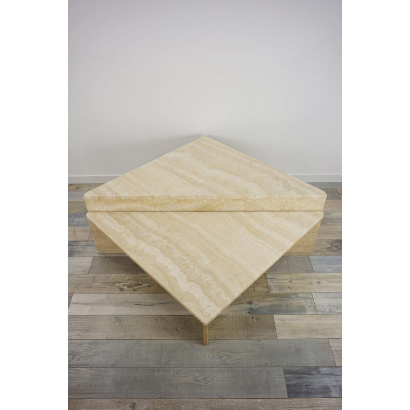 Pair of triangular travertine coffee tables