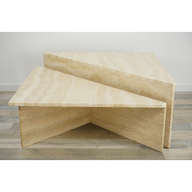 Pair of triangular travertine coffee tables