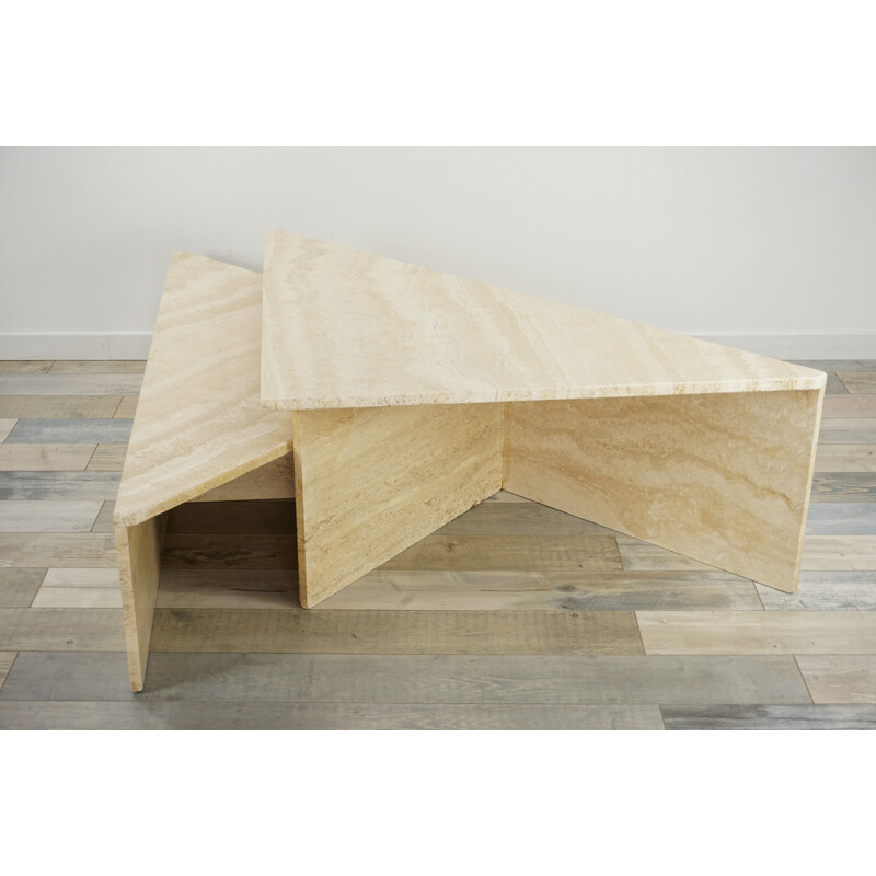 Pair of triangular travertine coffee tables