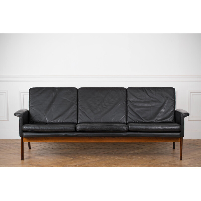 Vintage sofa in black leather and rosewood by Finn Juhl, model 218