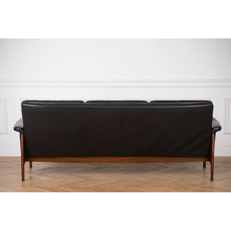 Vintage sofa in black leather and rosewood by Finn Juhl, model 218
