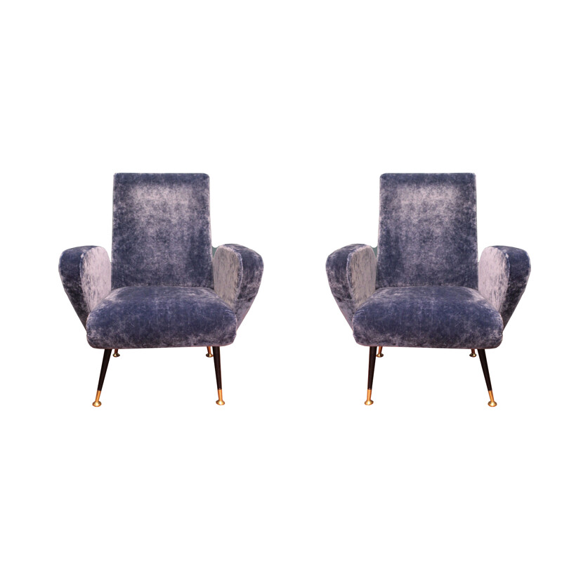 Pair of vintage Italian armchairs in blue velvet and brass