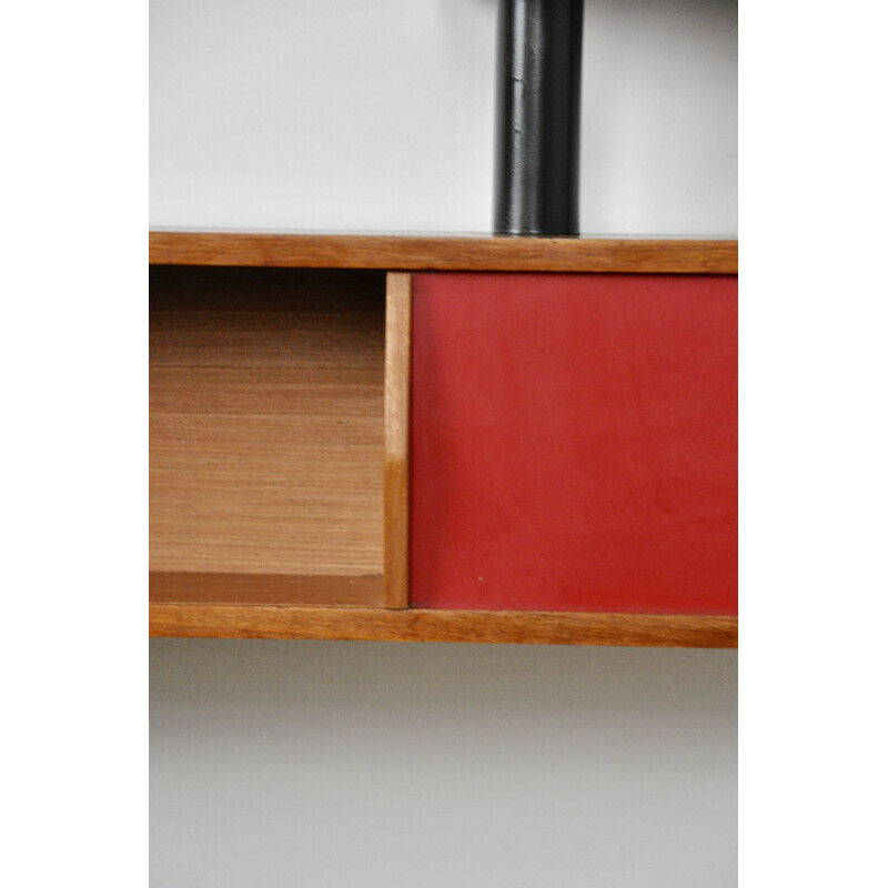 Red and black wall shelves in wood