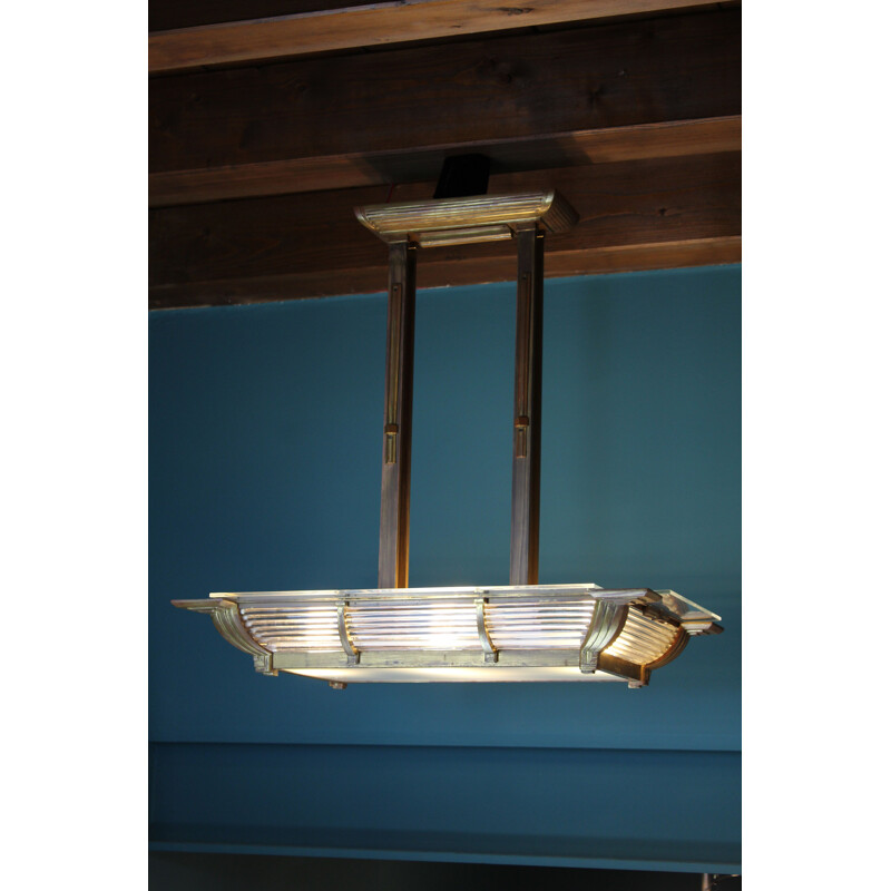 Art Deco French Square Brass and Glass Ceiling Lamp from Atelier Petitot, 1932