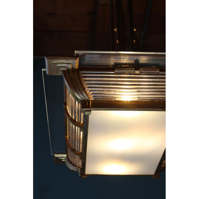 Art Deco French Square Brass and Glass Ceiling Lamp from Atelier Petitot, 1932