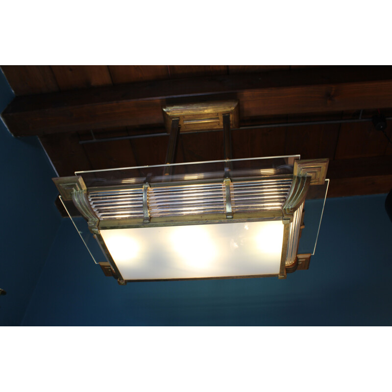 Art Deco French Square Brass and Glass Ceiling Lamp from Atelier Petitot, 1932