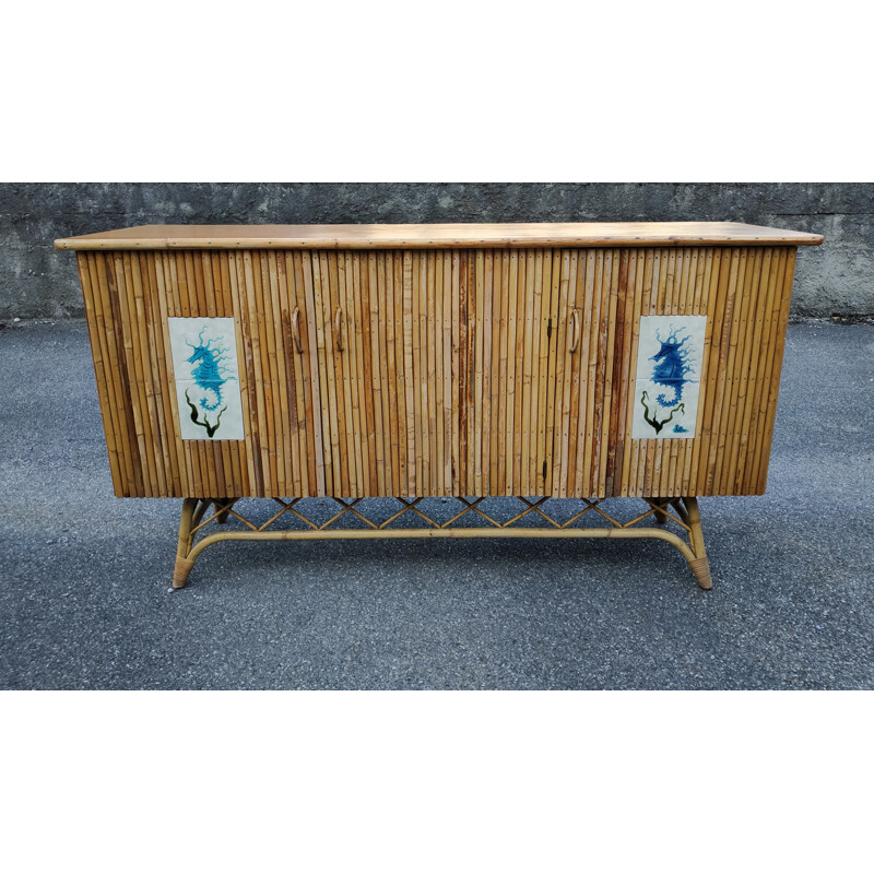 Vintage rattan and ceramic sideboard by Chassin