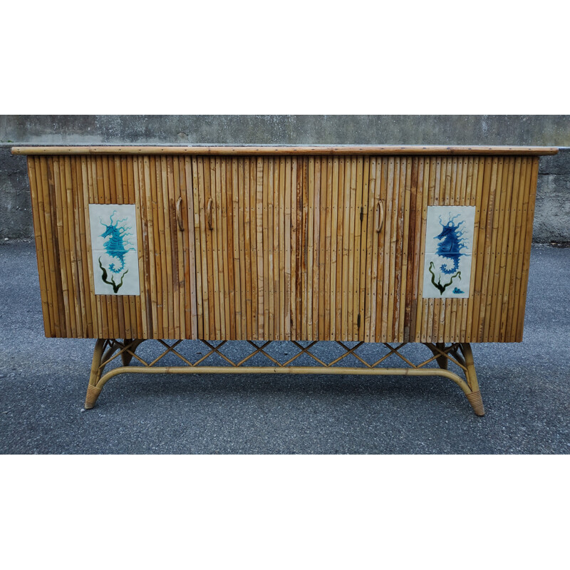 Vintage rattan and ceramic sideboard by Chassin