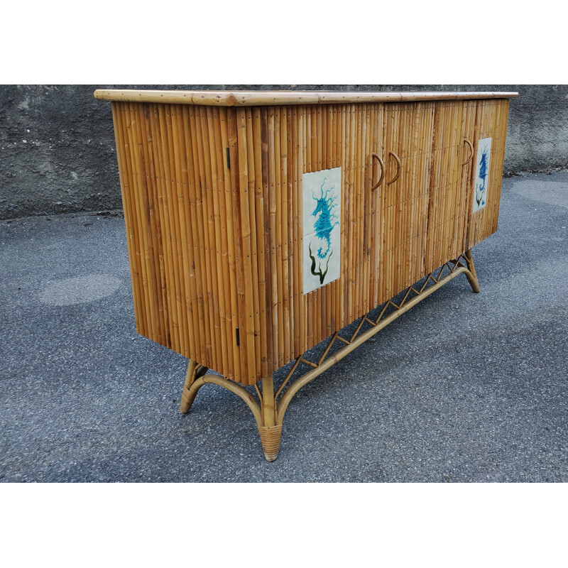 Vintage rattan and ceramic sideboard by Chassin