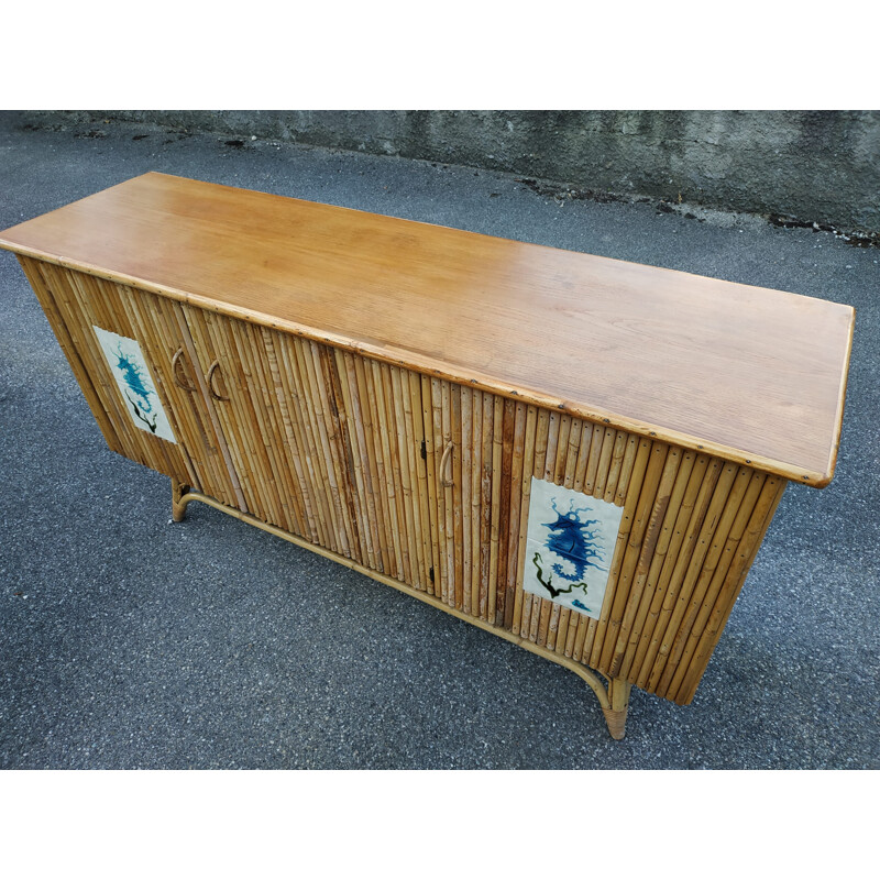 Vintage rattan and ceramic sideboard by Chassin