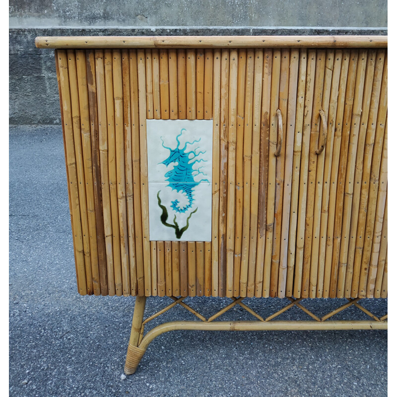 Vintage rattan and ceramic sideboard by Chassin