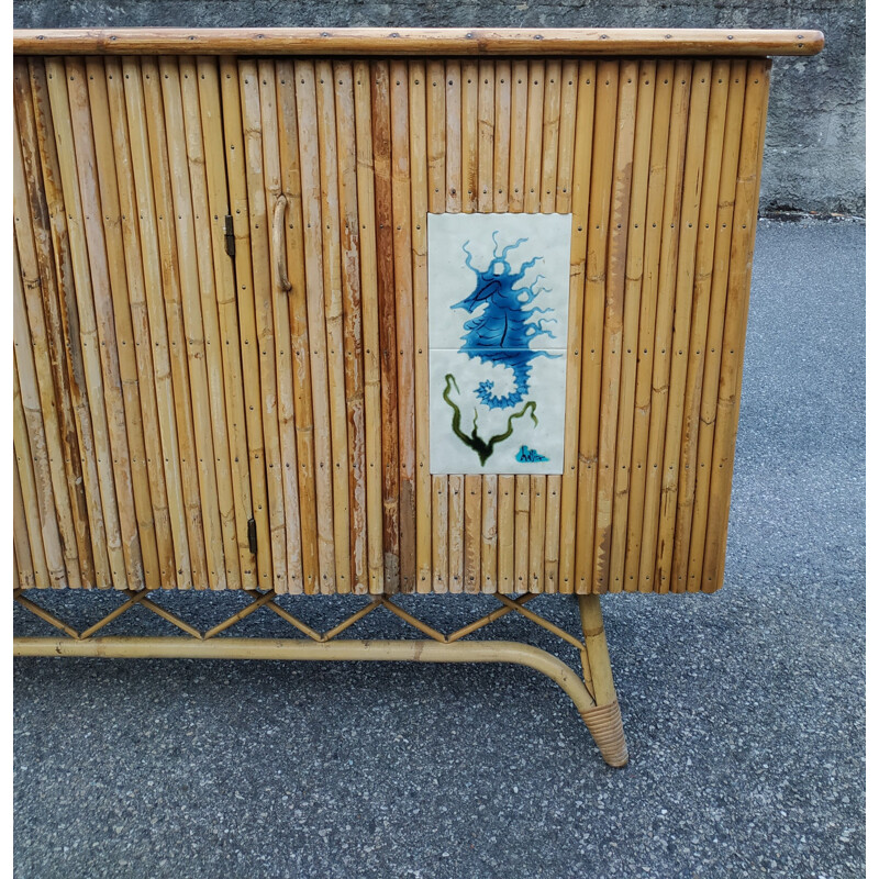 Vintage rattan and ceramic sideboard by Chassin