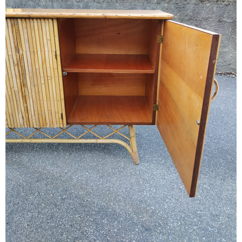 Vintage rattan and ceramic sideboard by Chassin