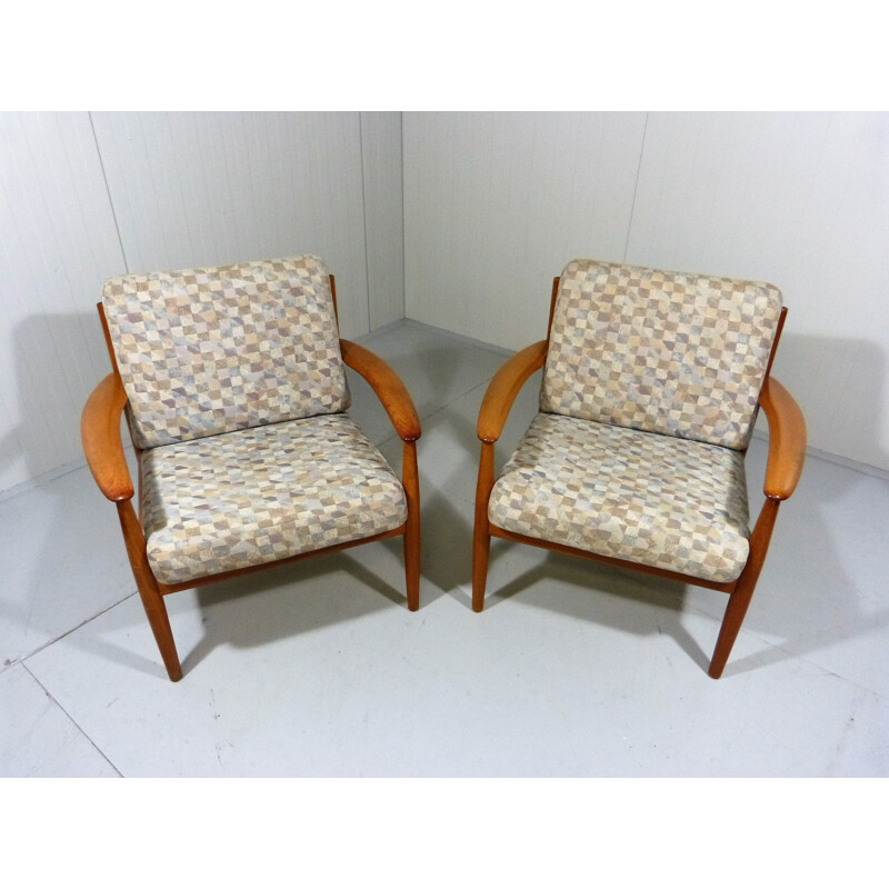 France & Son easy chairs in teak and fabric, Grete JALK - 1960s