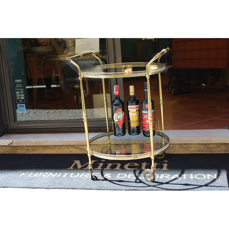 Chariot de service italien vintage en laiton et verre