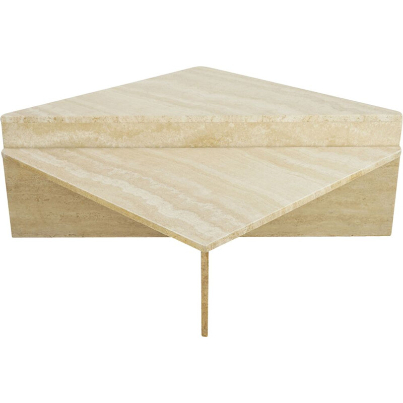 Pair of triangular travertine coffee tables