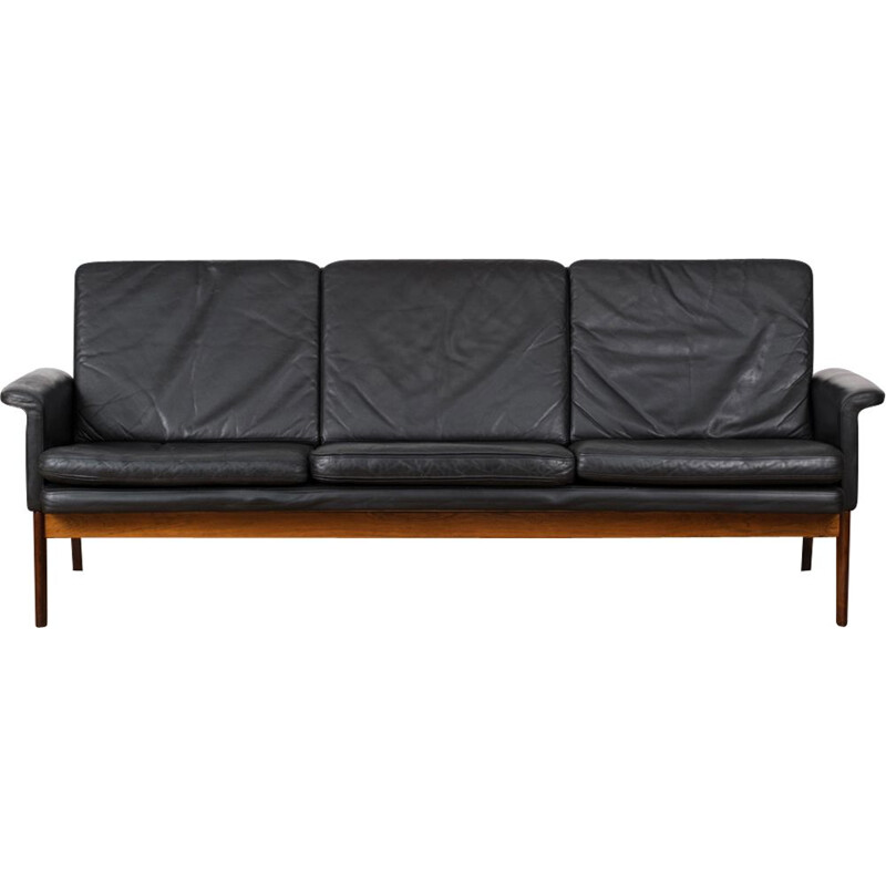 Canapé vintage en cuir noir et palissandre par Finn Juhl, modèle 218