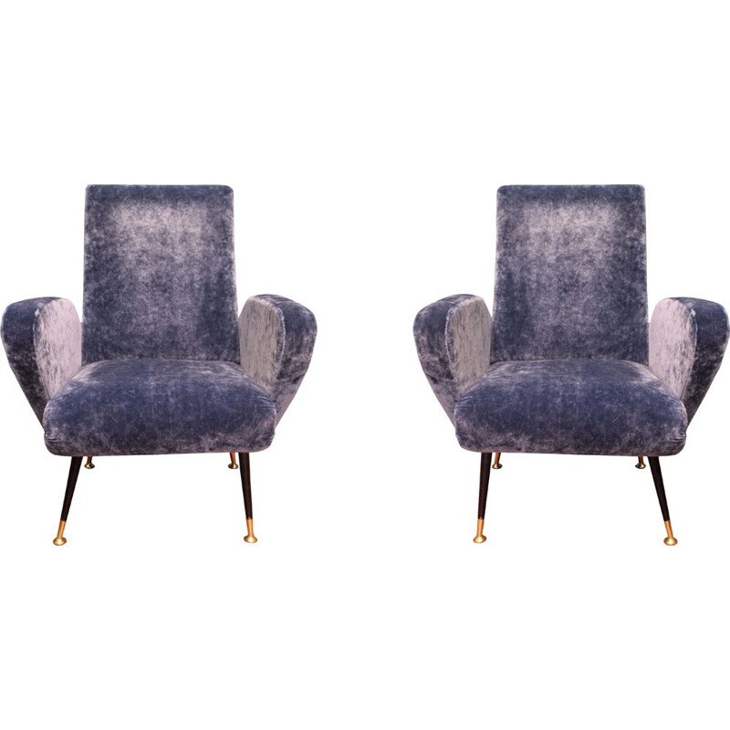 Pair of vintage Italian armchairs in blue velvet and brass