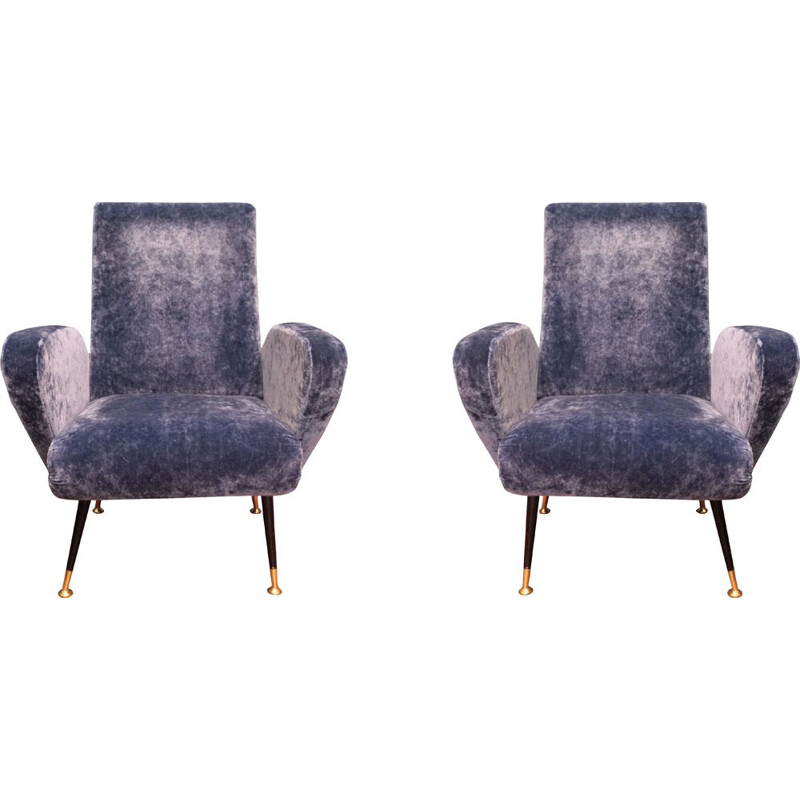 Paire de fauteuils italiens vintage en velours bleu et laiton