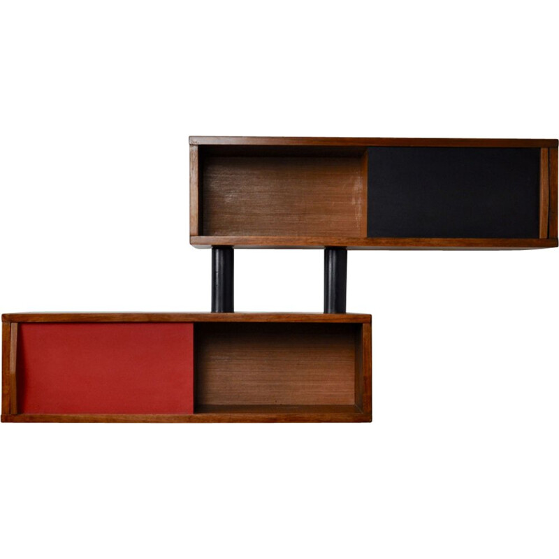 Red and black wall shelves in wood