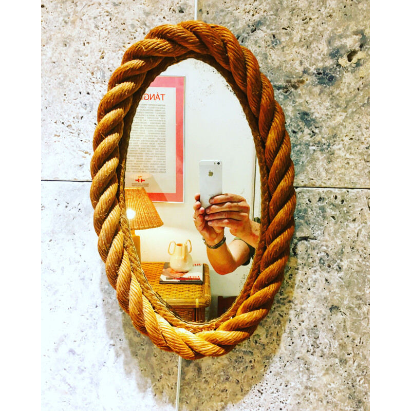 Vintage oval mirror in rope by Audoux & Minet