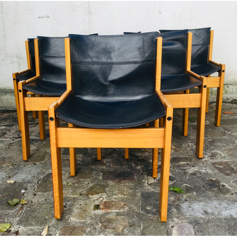 Set of 6 vintage chairs in black leather by Ibisco