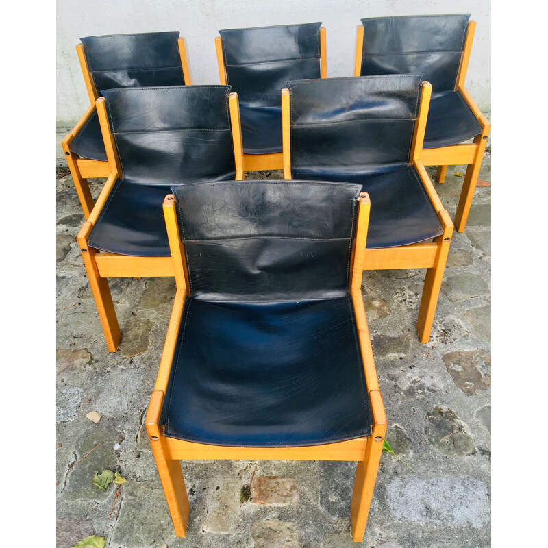 Set of 6 vintage chairs in black leather by Ibisco