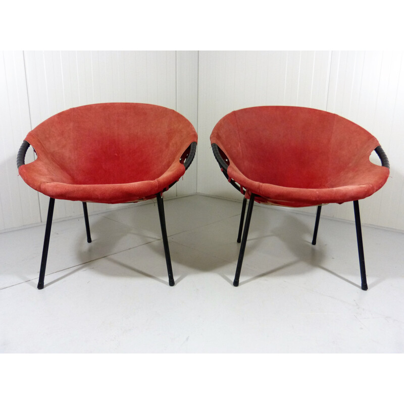 Paire de chauffeuses rouges en daim Lusch & Co - 1960