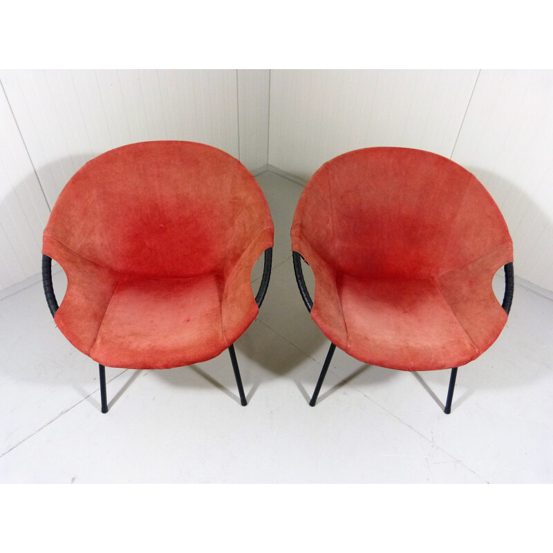 Lusch & Co pair of low chairs in suede leather and steel - 1960s