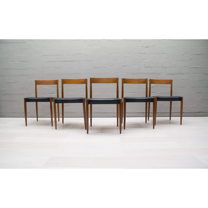 Set of 5 Scandinavian chairs in teak and leather